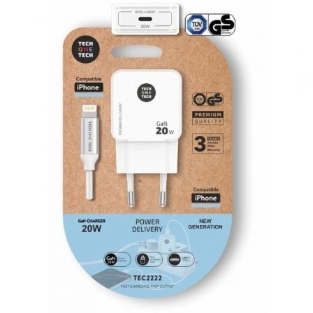Carregador de Pared Tech One Tech TEC2222/ 1xUSB Tipo-C + Cable Lightning/ 20W/ Branco