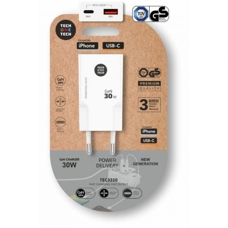 Carregador de Pared GaN Tech One Tech GaN TEC2230/ 1xUSB Tipo-C/ 1xUSB/ 30W/ Branco