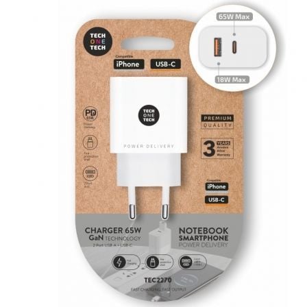 Carregador de Pared GaN Tech One Tech GaN TEC2270/ 1xUSB Tipo-C/ 1xUSB/ 65W/ Branco