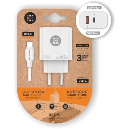 Carregador de Pared GaN Tech One Tech PD TEC2273 / 1xUSB Tipo-C/ 1xUSB/ 65W