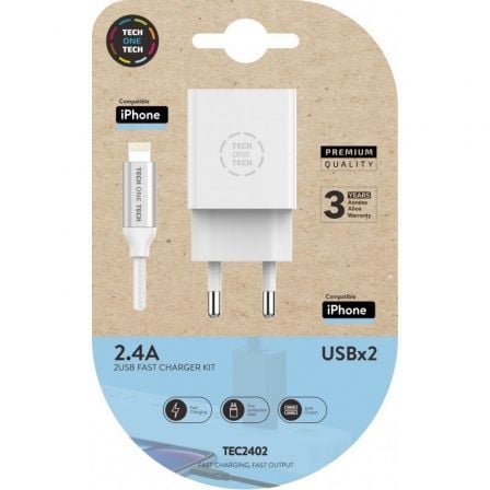 Carregador de Pared Tech One Tech TEC2402/ 2xUSB + Cable Lightning/ 12W/ Branco