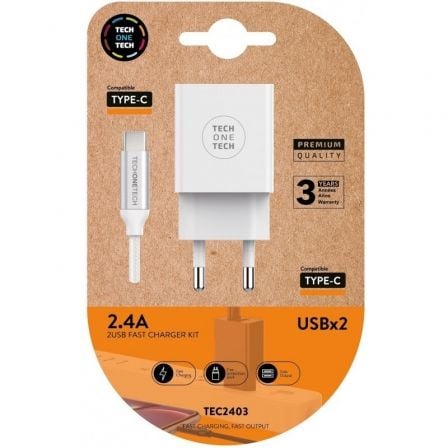 Carregador de Pared Tech One Tech TEC2403/ 2xUSB + Cable USB Tipo-C/ 12W/ Branco