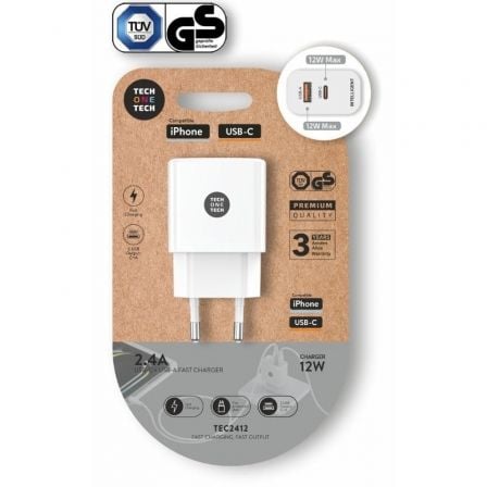 Carregador de Pared Tech One Tech TEC2412/ 1xUSB Tipo-C/ 1xUSB/ 12W/ Branco