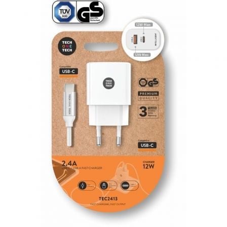 Carregador de Pared Tech One Tech TEC2413/ 1xUSB Tipo-C/ 1xUSB + Cable USB Tipo-C/ 12W/ Branco