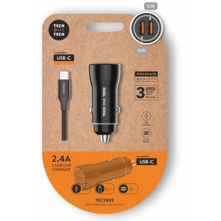 Carregador de Coche Tech One Tech TEC2803/ 2xUSB + Cable USB Tipo-C/ 12W