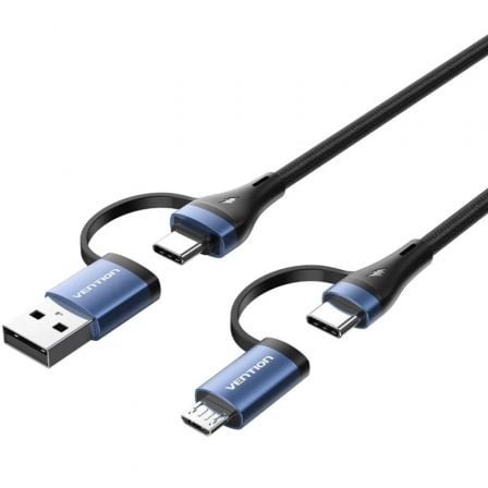 Cable USB 2.0 Tipo-C Vention CTLLF/ USB Tipo-C Macho - USB Macho/ MicroUSB Macho - USB Tipo-C Macho/ Hasta 100W/ 480Mbps/ 1m/ Preto y Azul