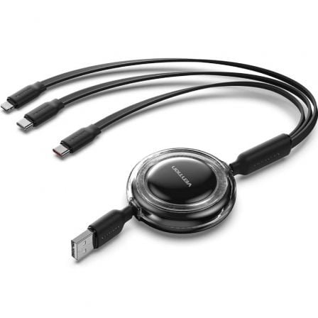 Cable USB Retráctil Vention TRJBBE/ USB Macho - Lightning/ 2xUSB Tipo-C/ Hasta 17.5W/ 10Gbps/ 1.1m/ Preto