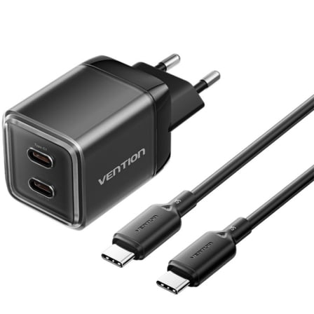 Carregador de Pared GaN Vention TZ-FCFB0-EU/ 2xUSB Tipo-C + Cable USB Tipo-C/ 45W