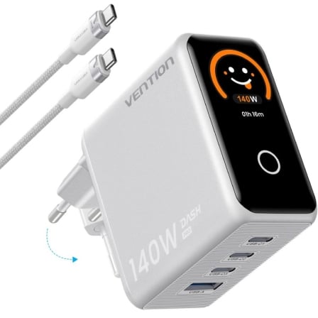 Carregador de Pared GaN Vention TZ-FCOI0-EU/ 3xUSB Tipo-C + Cable USB Tipo-C/ 1xUSB/ 140W