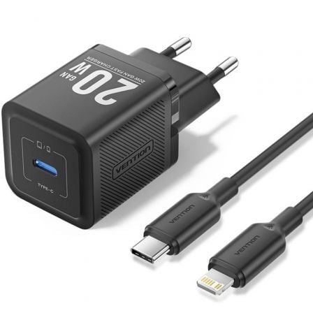 Carregador de Pared GaN Vention TZ-FEPB0-EU-02/ 1xUSB Tipo-C + Cable Lightning/ 20W