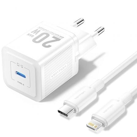 Carregador de Pared GaN Vention TZ-FEPW0-EU-02/ 1xUSB Tipo-C + Cable Lightning/ 20W
