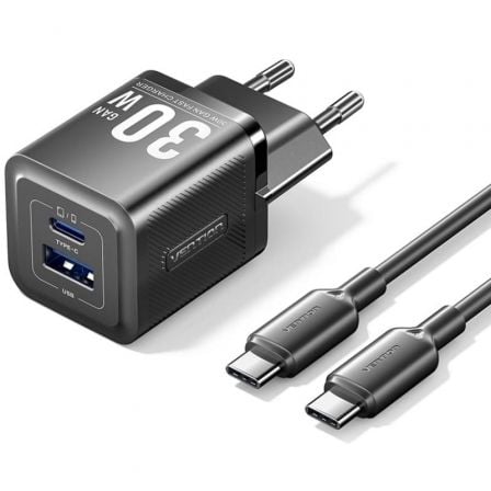 Carregador de Pared GaN Vention TZ-FEQB0-EU-01/ 1xUSB Tipo-C/ 1xUSB + Cable USB Tipo-C/ 30W