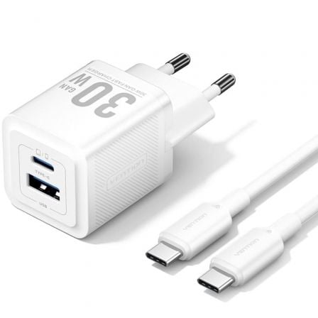 Carregador de Pared GaN Vention TZ-FEQW0-EU-01/ 1xUSB Tipo-C/ 1xUSB + Cable USB Tipo-C/ 30W