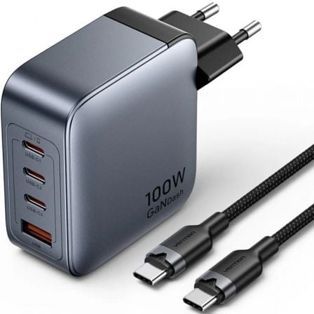 Carregador de Pared GaN Vention TZ-FETH0-EU/ 3xUSB Tipo-C/ 1xUSB/ 100W