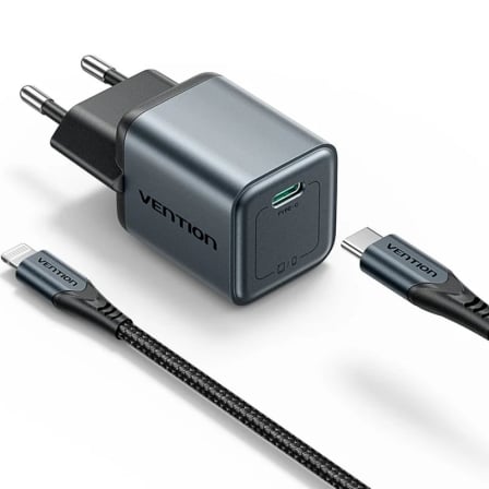 Carregador de Pared GaN Vention TZ-FEVH0-EU/ 1xUSB Tipo-C + Cable Lightning/ 20W