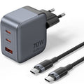 Carregador de Pared GaN Vention TZ-FEXH0-EU/ 2xUSB Tipo-C/ 1xUSB + Cable USB Tipo-C/ 70W
