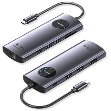 Docking USB Tipo-C Vention TQWHB/ 2xHDMI 4K/ 1xDisplayPort/ 3xUSB/ 1xUSB Tipo-C PD/ 1xRJ45/ 1xLector Tarjetas/ Gris